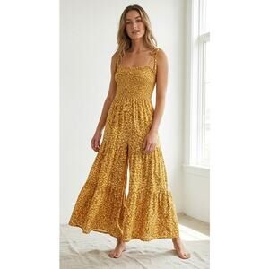 Astoria Gold Floral Wide Leg Jumpsuit Smocked Tie Shoulder Small